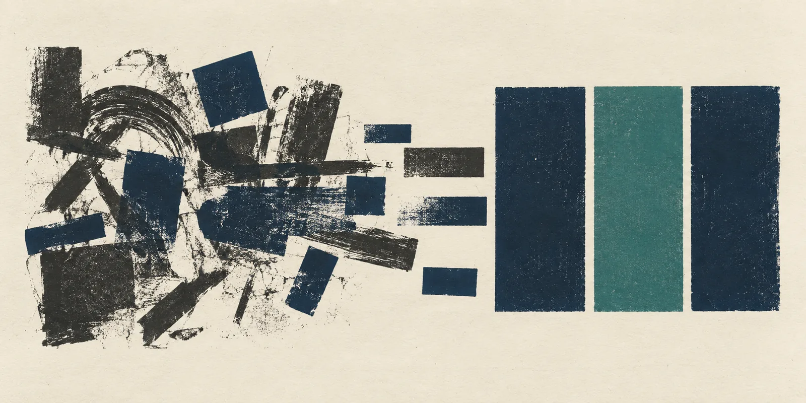 Abstract screenprint moving from fragmented marks to ordered forms